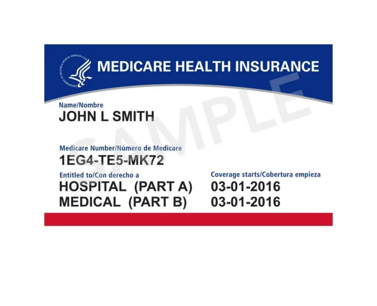 Sample Medicare Health Insurance card with blue header, red footer, and bilingual text in English and Spanish.