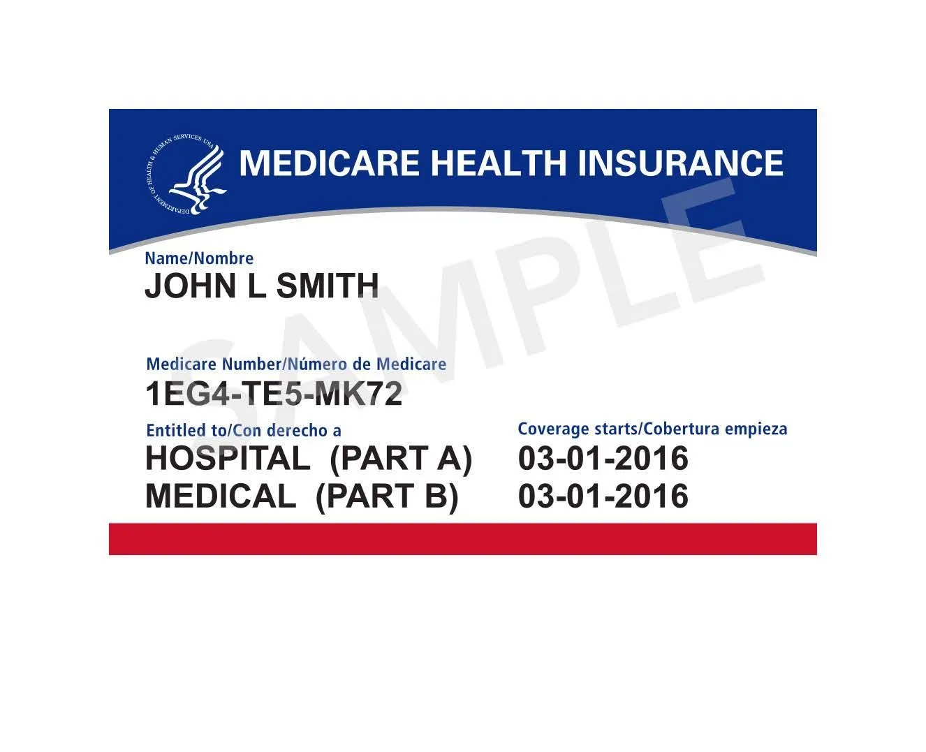 Sample Medicare Health Insurance card with blue header, red footer, and bilingual text in English and Spanish.