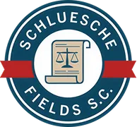 Logo of Schluesche Fields S.C. featuring a book with balanced scales and a red ribbon.