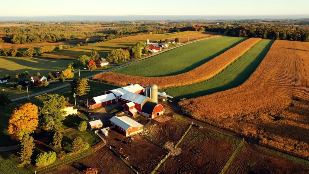Aerial view of a rural farm with red barns, silos, green and golden crop fields, and surrounding trees.