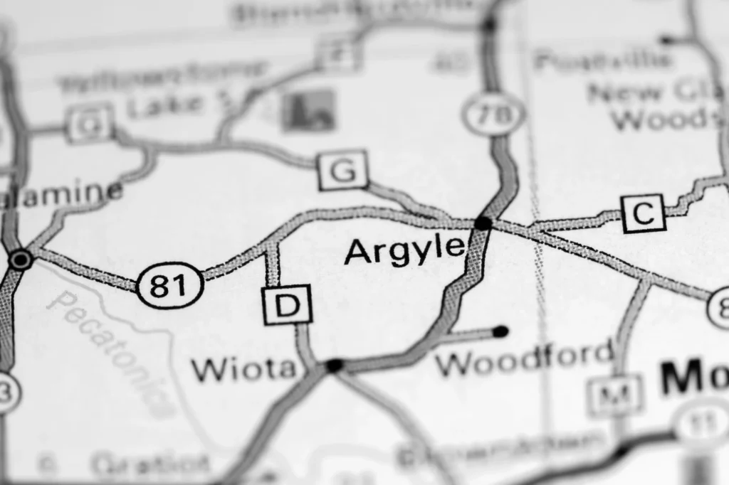 Black and white close-up of a map showing Argyle, roads, and nearby towns.