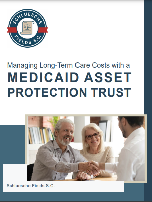 Professional brochure cover with elderly couple shaking hands with advisor, text about Medicaid Asset Protection Trust.