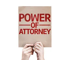 Hands holding a beige sign with bold red text reading "POWER OF ATTORNEY.