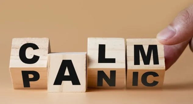 Wooden blocks with letters spelling "CALM" and "PANIC," a hand turning the last block.