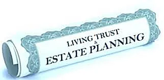 Rolled-up document with decorative edges labeled "Living Trust Estate Planning.