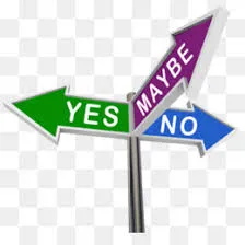 Directional signpost with arrows labeled "YES" in green, "MAYBE" in purple, and "NO" in blue.