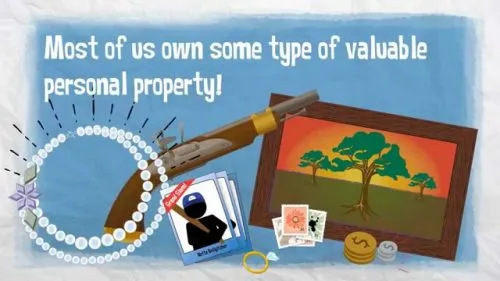 Illustration of valuable personal property including jewelry, a rifle, photographs, a painting, and coins.