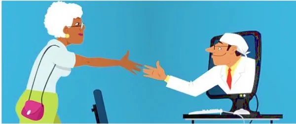 Illustration of a woman reaching out to shake hands with a man in a white coat appearing from a computer screen.
