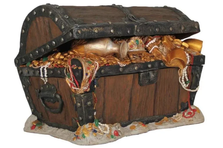 Antique wooden treasure chest overflowing with gold coins, jewels, and ornate jewelry.