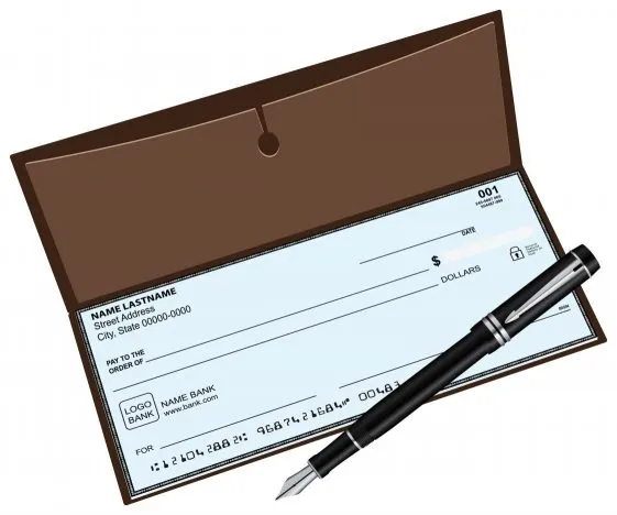 Open brown checkbook with blank check and black fountain pen resting on it.
